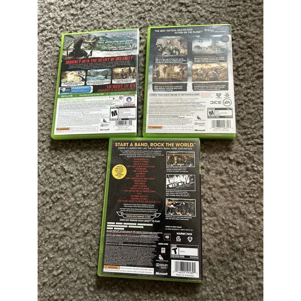 Microsoft Xbox 360 Video Game Lot Farcry3, Battlefield Bad Company 2 & AC/DC LIV